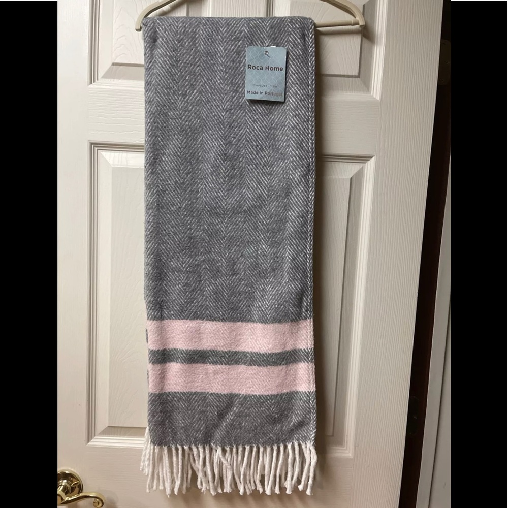 Roca Home Throw Blanket Made In Portugal Cotton Blend Grey Herringbone 50x67